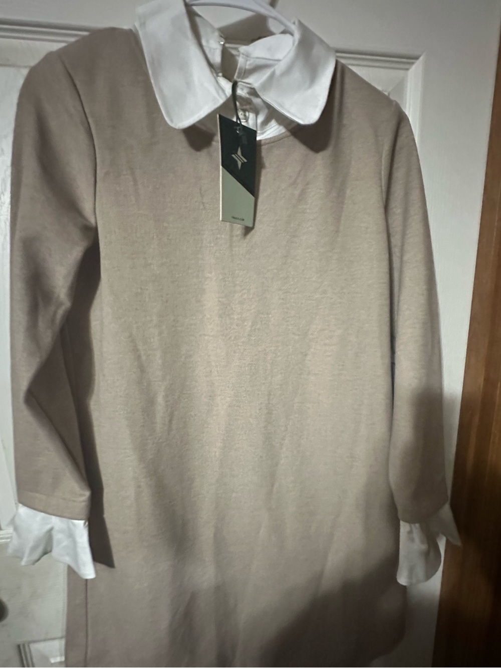 Tuckernuck- Women’s Cream Beige Collared Sweater Dress with White Trim